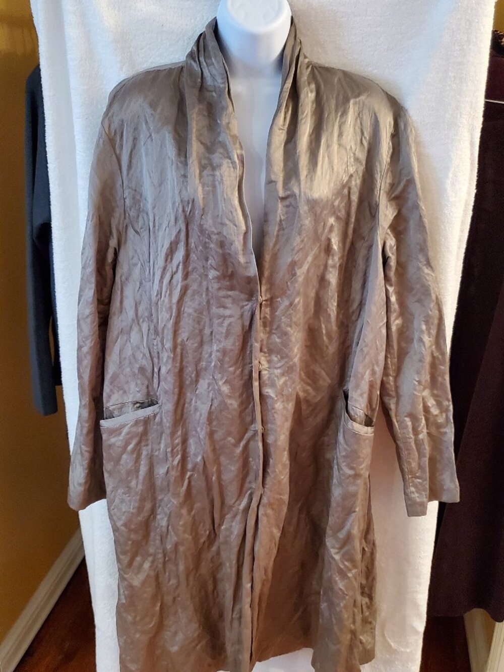 Eileen Fisher woven women’s silvery grey coat dress/cardigan sz 1X.